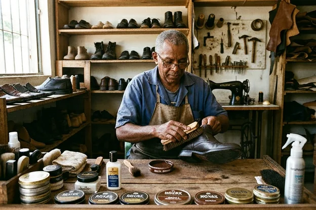 Sapateiro em Timon mostrando cuidados e produtos de limpeza para sapatos.