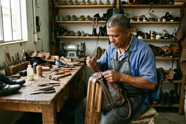 Sapateiro reformando uma bolsa de couro em Timon, mostrando ferramentas de trabalho.